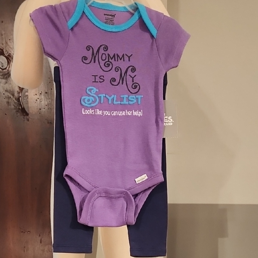 Purple and Blue Matching 2pc Onsie & PANTS Set with Playful Text. SIZE 0/3M
